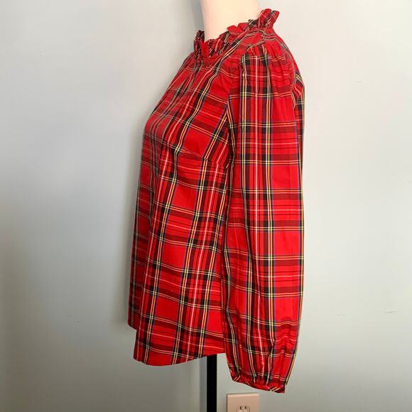 NWT J. Crew Long-Sleeve Ruffleneck Top in Red Stewart Tartan Size Small - Picture 4 of 9